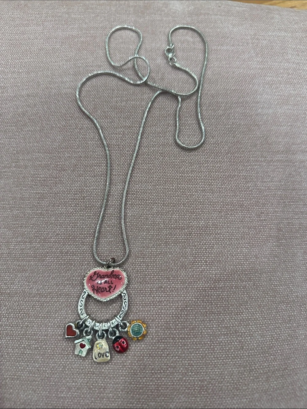Silver Charm Necklace with Pink Heart 'Grandma is All Heart' Pendant - Picture 2 of 4